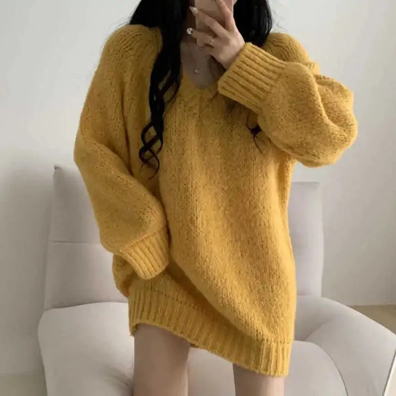 Autumn Winter Knitted Sweaters Korean Oversized Simple V Neck Pullover Harajuku Puff Sleeves Jumpers Fc8557