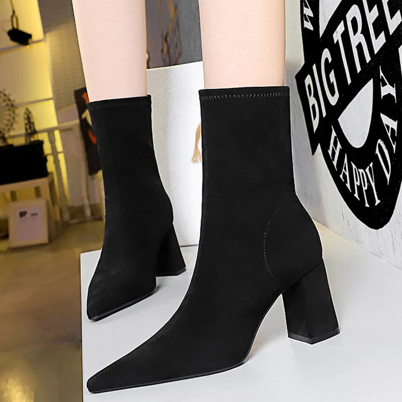 Shoes High Heel Boots Suede Ankle Boots Pointed Toe Socks Boots Thick Heel Shoes Warm Winter Boots Size 43