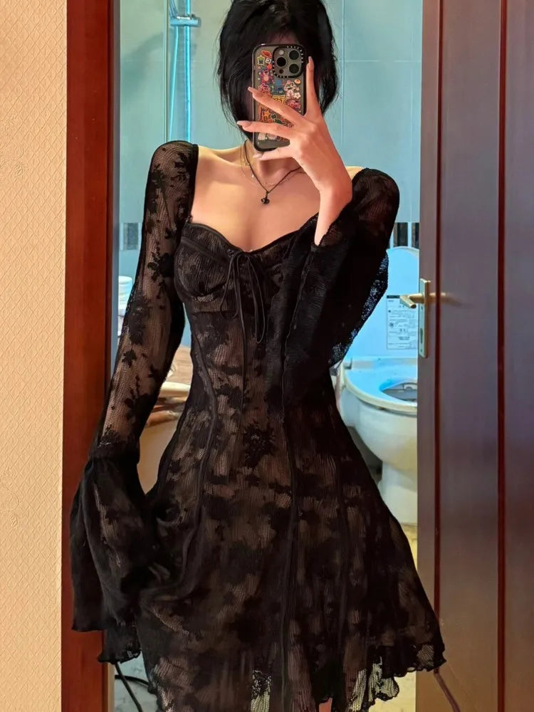 French Lace Mini Dress Y2k Off Shoulder Lace Up Ruffles A-line Autumn Spring Long Sleeve Party Dress Prom Vestidos