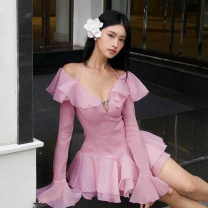 Y2k Pink Ruffles Halter Dress Off Shoulder Long Sleeve Slim a Line Mini Dresses Evening Party Vestidos