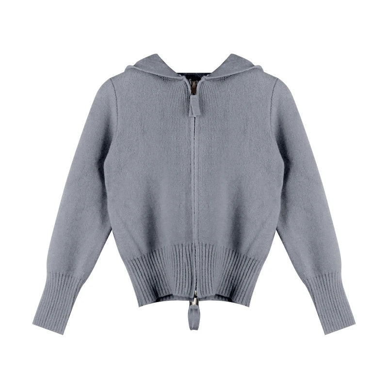 Double Zipper Cropped Knitwear Basic Zip Up Hooded Knitted Cardigan Slim Long Sleeve Sweaters for Winter Clothes