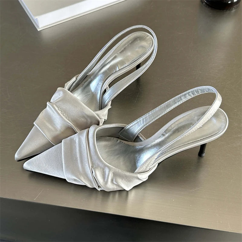 Satin Pleat Pointed Toe Pumps Slingbacks Thin Heels Shoes Banquet Party Female Sandals