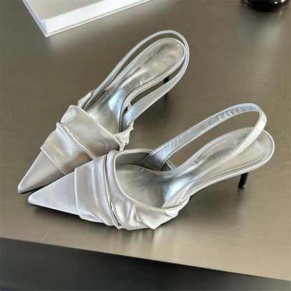 Satin Pleat Pointed Toe Pumps Slingbacks Thin Heels Shoes Banquet Party Female Sandals