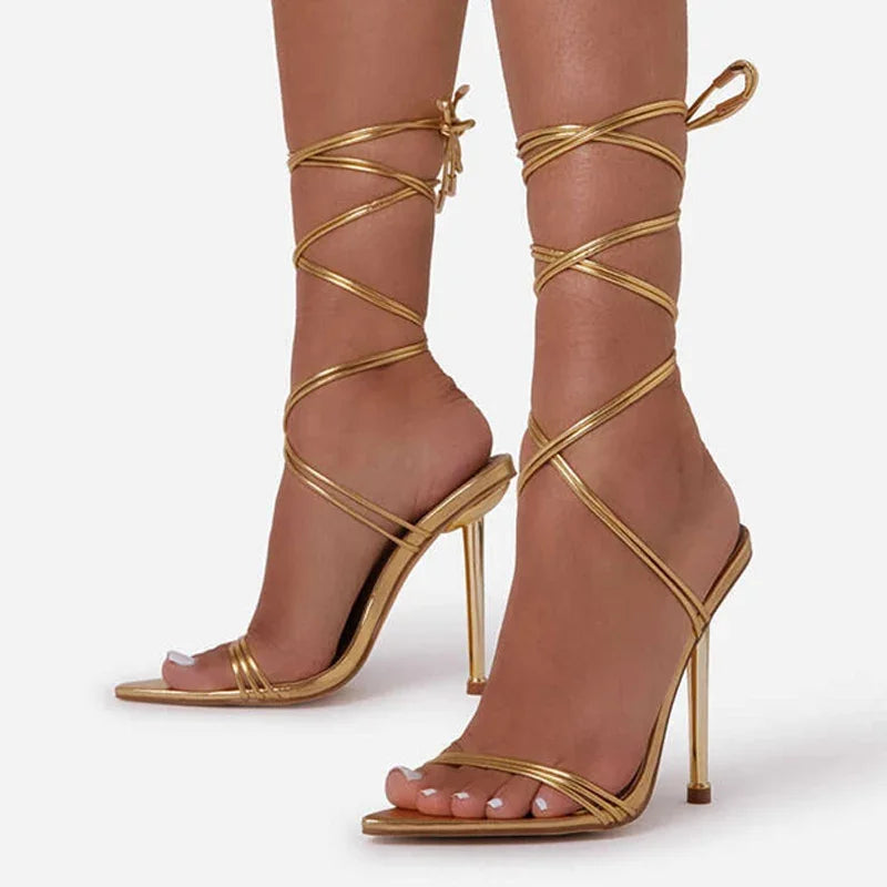 Summer 12cm Gladiator Heels Sandals for Pointed Open Toe Laceup Stiletto Strappy Wedding Shoes Black Red