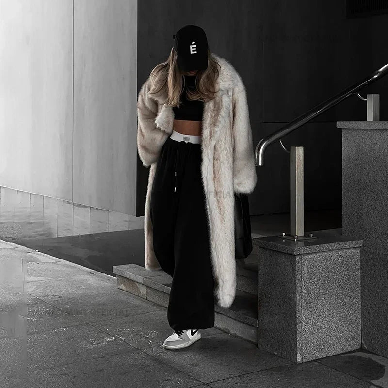 Long Faux Fox Fur Coat Winter Warm Fluffy Fur Jacket Female Street Furry Outerwear Overcoat