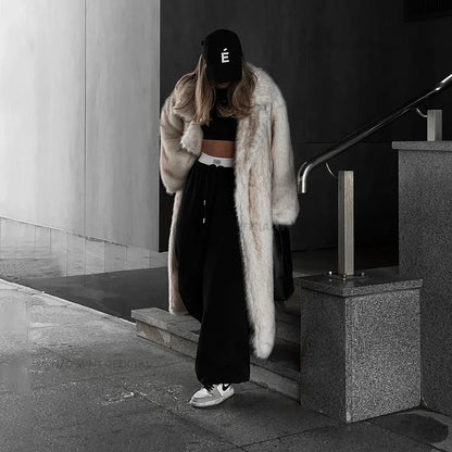 Long Faux Fox Fur Coat Winter Warm Fluffy Fur Jacket Female Street Furry Outerwear Overcoat