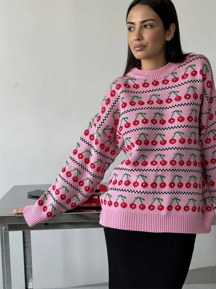 Printed Knit Sweater Pullover for Loose Patchwork Contrast Long Sleeve Top Knitwear ’s Pullover