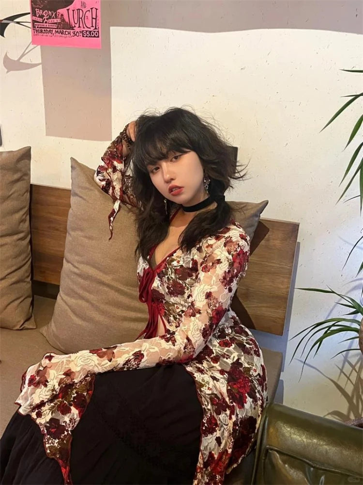 Print Blouse Female Gothic Style Red Flare Sleeve Mesh Transparent Shirt Slim Emo Laceup Cardigan