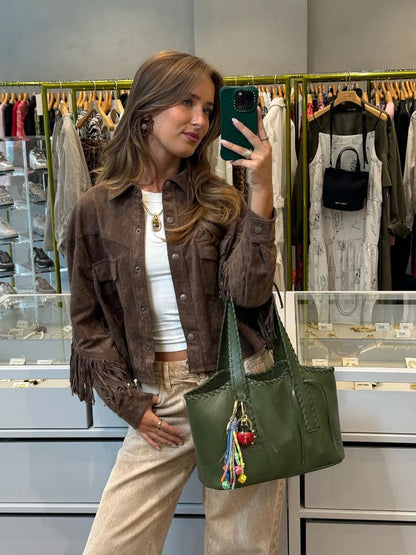 Retro Tassels Patchwork Jackets Lapel Long Sleeve With Button Short Coats Autumn New Lady High Street Outwear