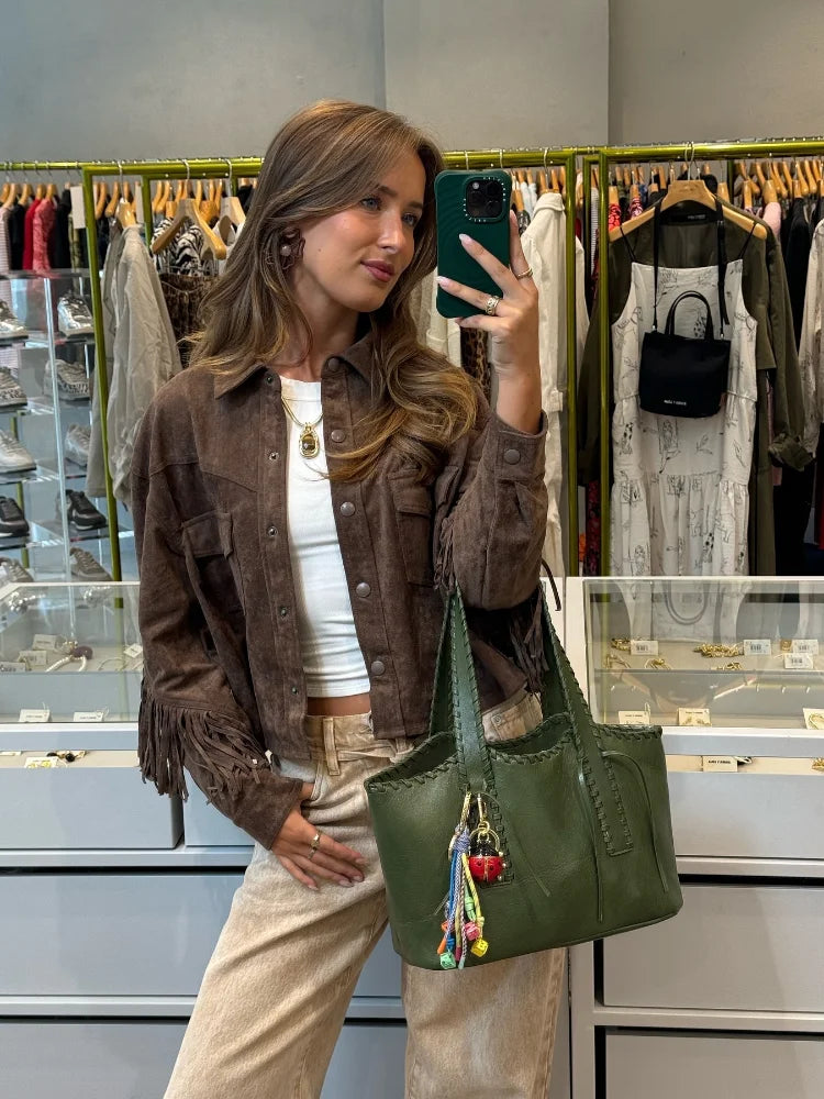 Retro Tassels Patchwork Jackets Lapel Long Sleeve With Button Short Coats Autumn New Lady High Street Outwear