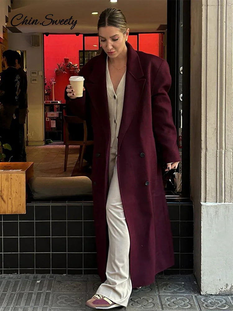 Burgundy Red Woolen Long Coat Oversized Shoulder Pads Full Sleeve Double Breasted Overcoats Autumn Lady