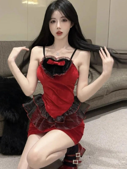 Mini Dresses Ruffles Patchwork Sweet Bow Bandage Backless Mesh Sleeveless Clubwear Party
