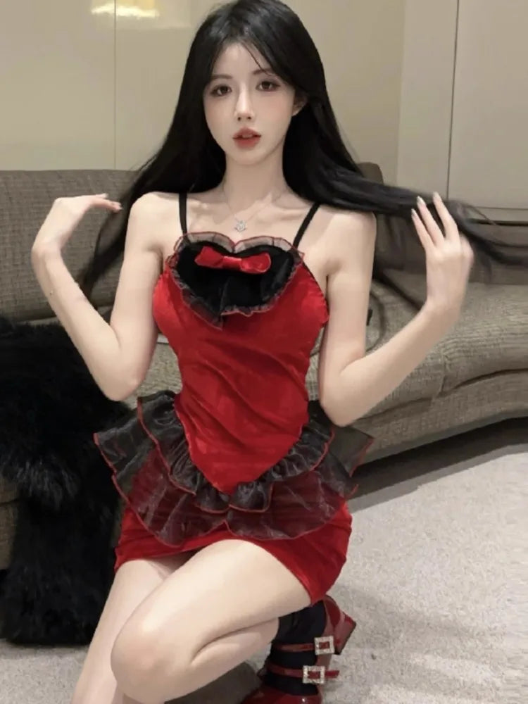 Mini Dresses Ruffles Patchwork Sweet Bow Bandage Backless Mesh Sleeveless Clubwear Party