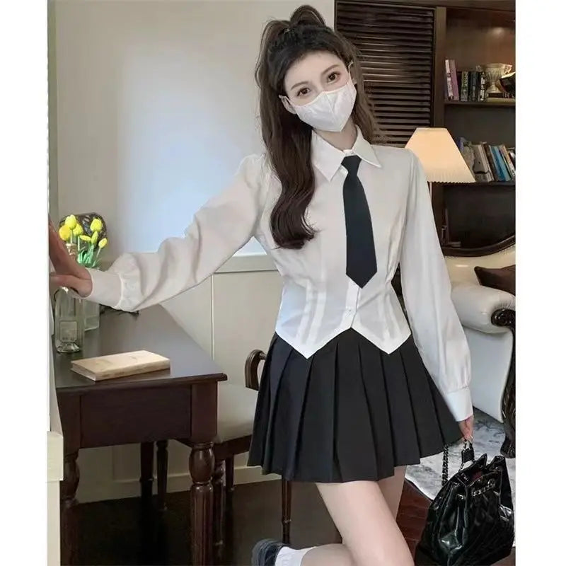 White Long Sleeve Crop Shirt Slim Tunic Button Up Basic Blouse School Top Female Swallow Tail Formal