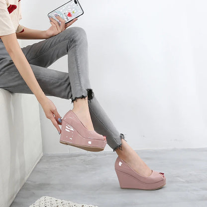 3143 New Wedge Open Toe Shoes High Heel Platform Shoes Patent Leather