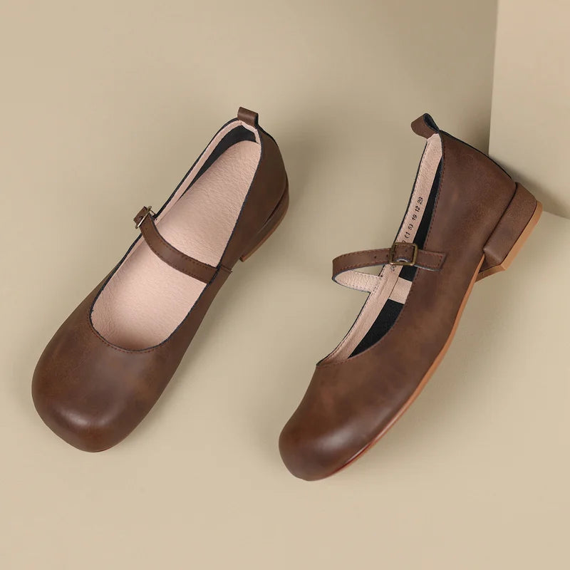 Round Toe Pumps Low Heels Genuine Leather Office Working Shoes Woman Spring Summer Retro Style