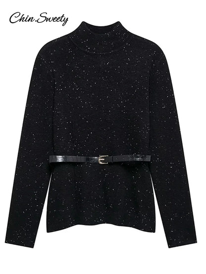 Black Turtleneck Sweater Pullover for With Belt Long Sleeved Loose Knitwear Female Spring Lady Soft Jumper New