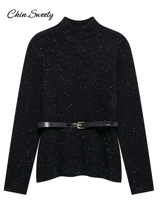 Black Turtleneck Sweater Pullover for With Belt Long Sleeved Loose Knitwear Female Spring Lady Soft Jumper New