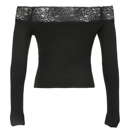 Gothic Retro Lace Trim Slash Neck Blouses �� Long Sleeve Y2k Darkly Print Autumn Tops