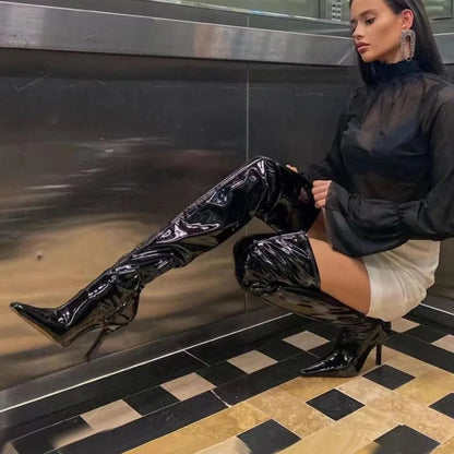Autumn Pointed Toe Side Zipper Elastic Stiletto Over the Knee Boots Punk Patent Leather Sewing Shoes