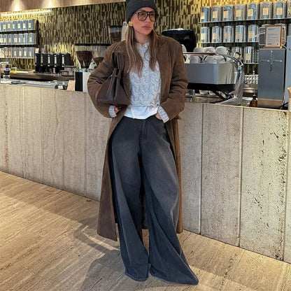 Long Long Sleeve Turn-down Collar Double Breasted Female Coat Autumn Lady Jacket New