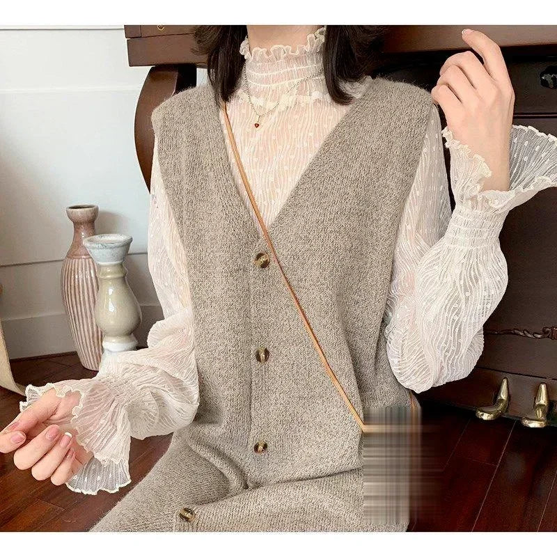 High Collar Mesh Perspective Blouse Summer Thin See Through Slim Bottoming Lace Long Flare Sleeved Tops