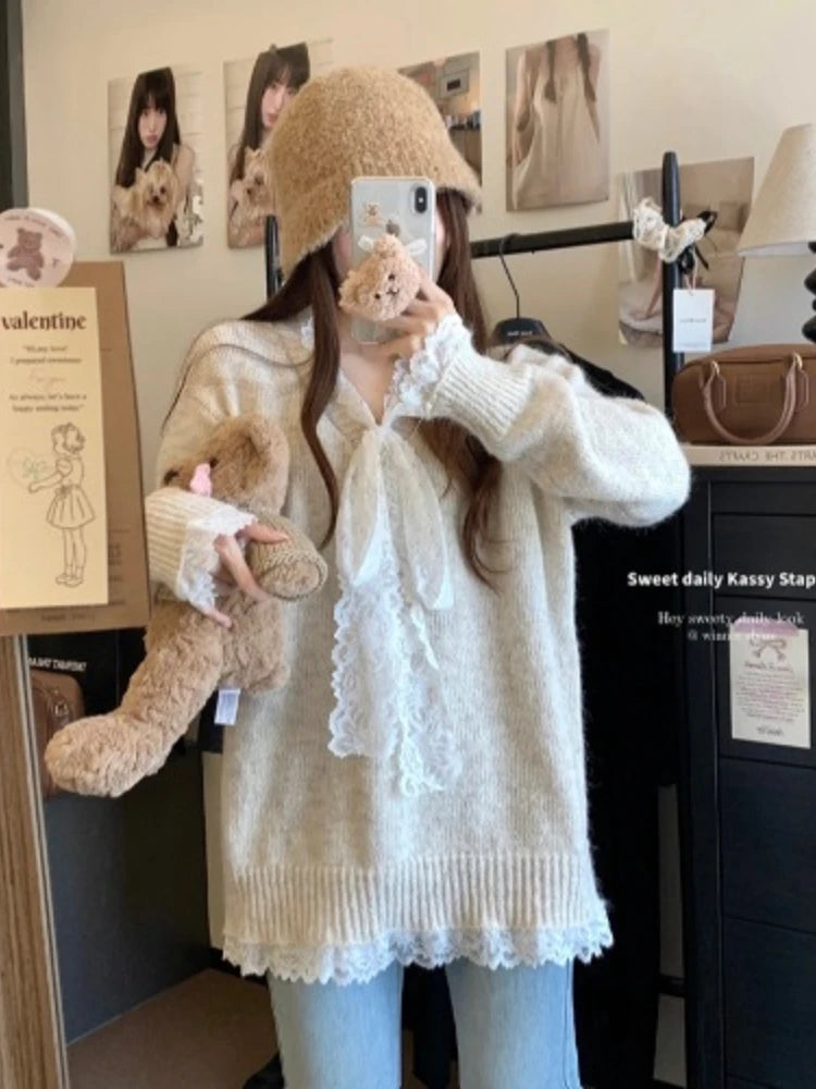 Lace Patchwork Ribbed Sweater for Cutecore Bow Vneck Knitted Pullovers Winter Warm Fairy Grunge Gray Clothes