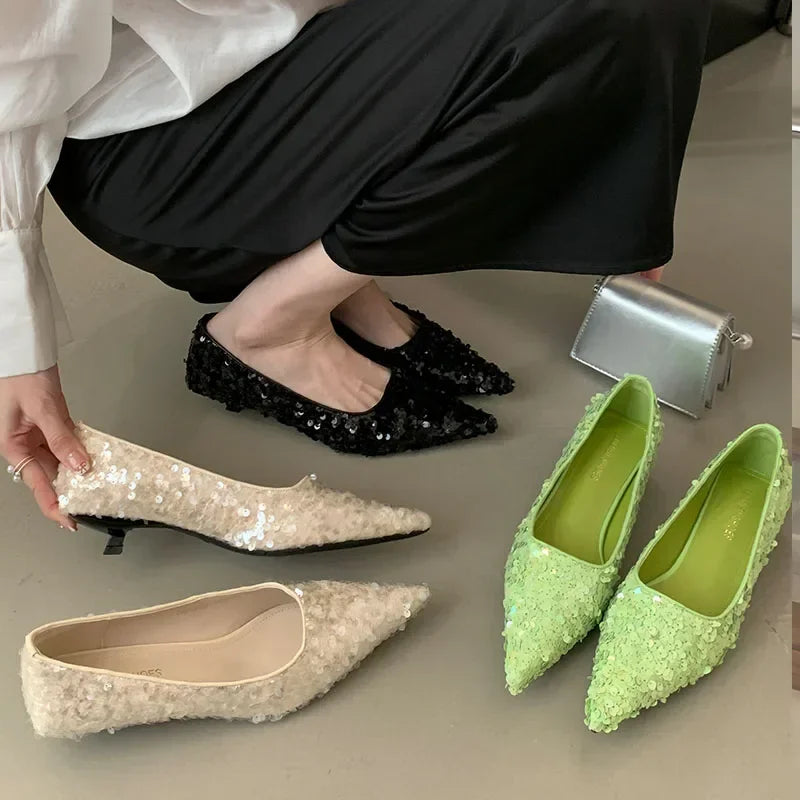 Bling Pumps Footwear Pointed Toe Shallow Low Heel Dress Shoes Female Comfort High Heels Zapatos De Mujer