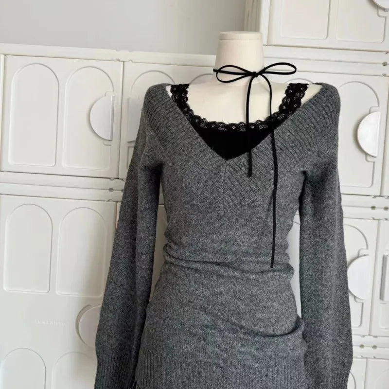 Autumn Winter Woman Gyaru V-neck French Sweater Long Sleeve Pullover Knitwear Mini Skirt 2000s Aesthetic 3-piece Outfits