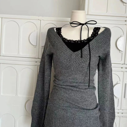 Autumn Winter Woman Gyaru V-neck French Sweater Long Sleeve Pullover Knitwear Mini Skirt 2000s Aesthetic 3-piece Outfits
