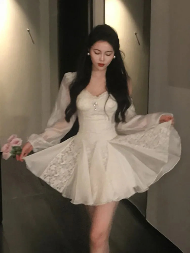 Lace Patchwork Mini Dress for Square Collar Long Sleeves Princess Birthday Evening Dresses Aline Short Vestidos