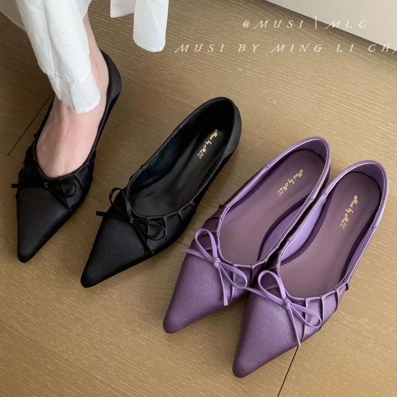Satin Pleated Bow Flat Shoes Pointed Toe Brand Design Party Dress Shoes Comfortable Shallow Pumps