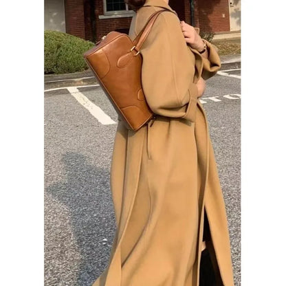 Long Woolen Coat With Belt Autumn Winter New Lapel Long Sleeve Outerwear Overcoat