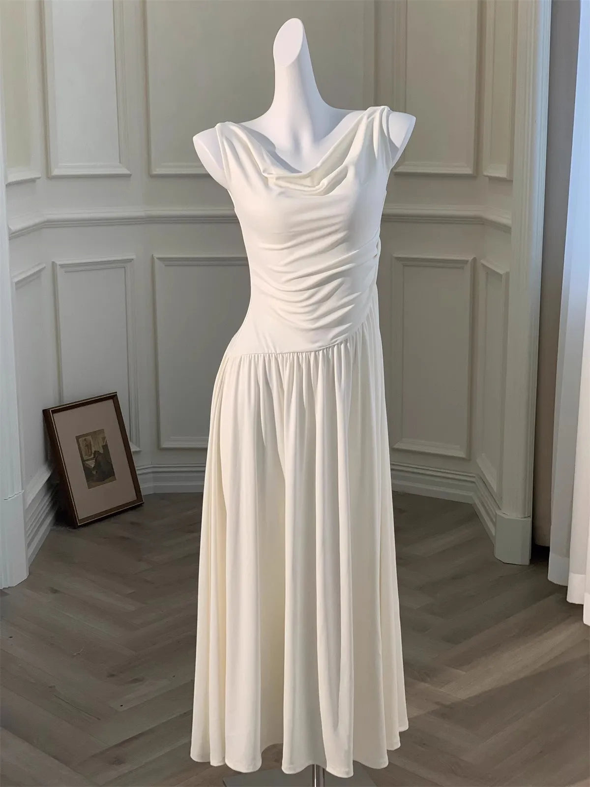 White Long Dresses Fairycore Slash Neck Inclined Shoulder Vestidos Summer Laceup Ruched Trumpet Dress