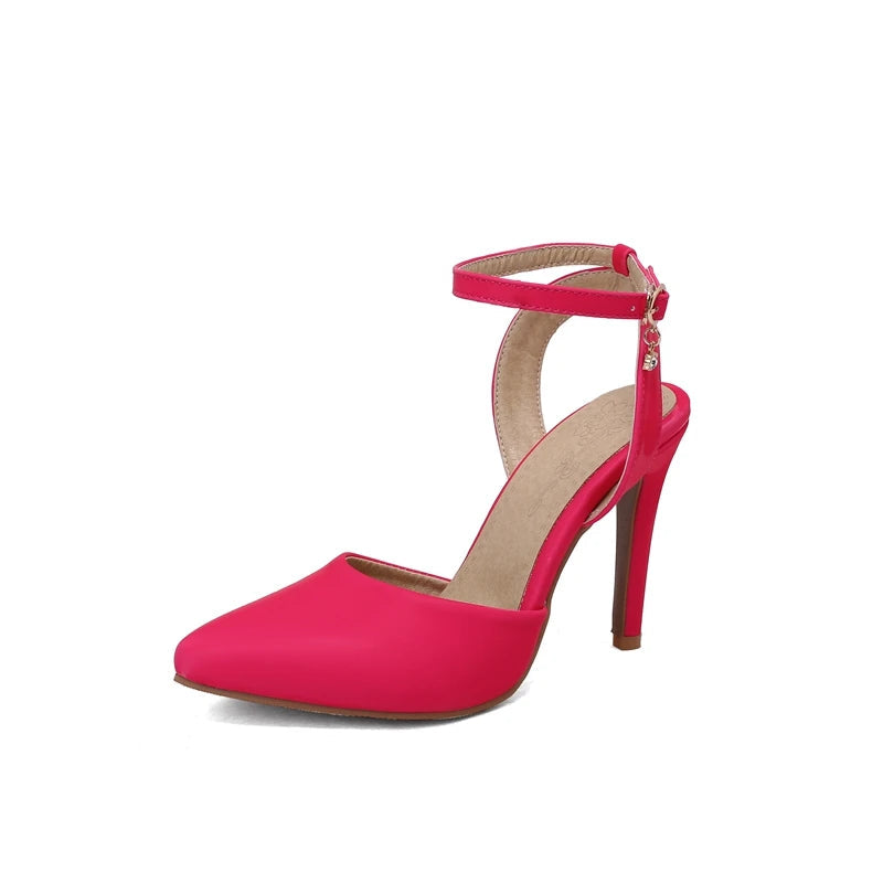 Summer Pu Leather Ankle Strap Buckle Stiletto Pumps Slingback Pointed Toe High Heels Sandals Shoes Large Size 3350