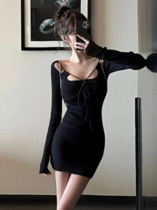 Knitted Dresses for Long Sleeve Laceup Evening Party Mini Dress Female One Piece Vestidos New