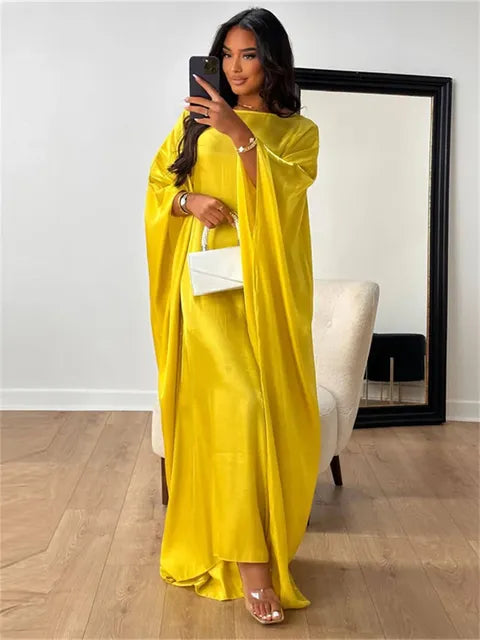 Autumn Loose Shiny Maxi Dress ’s Butterfly Batwing Long Sleeve Muslim Clothes Party Dress Female Long Dress New