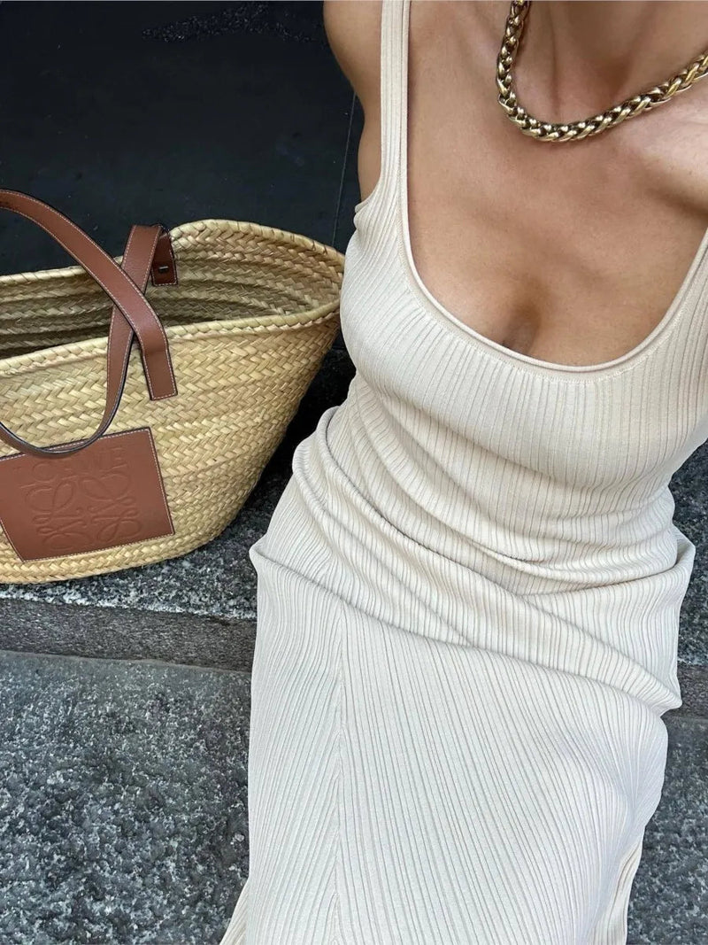 New Pit Striped Knitted Dress U Collar Sleeveless Slim Suspender Maxi Dresses Summer Holiday Vestidos