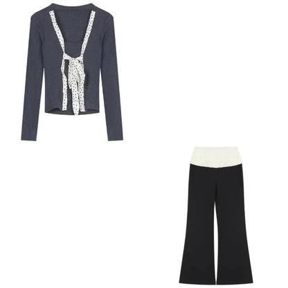 Spring New Korean Polka Dot Lace Up Longsleeved Tshirt + Contrast Color Patchwork Pants Twopiece Suit