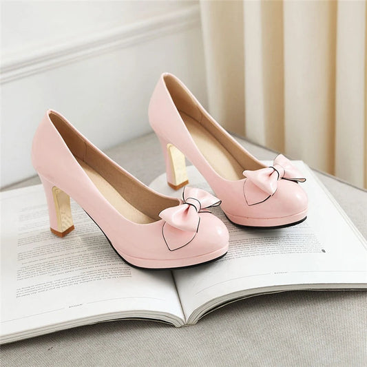 Pumps Round Toe Platform Thick High Heels Bow Shallow Wedding Shoes Spring Autumn Black Beige 43
