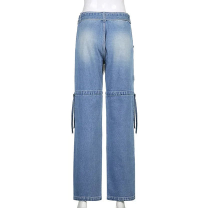 Y2k Street Retro Jeans Midiwaist Belt Drawstring Straight Pants Patchwork Style