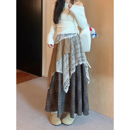 Contrast Color Patchwork Aline Skirt Spring New High Waist Hollow Loose Pleated Plaid Midlength Skirt