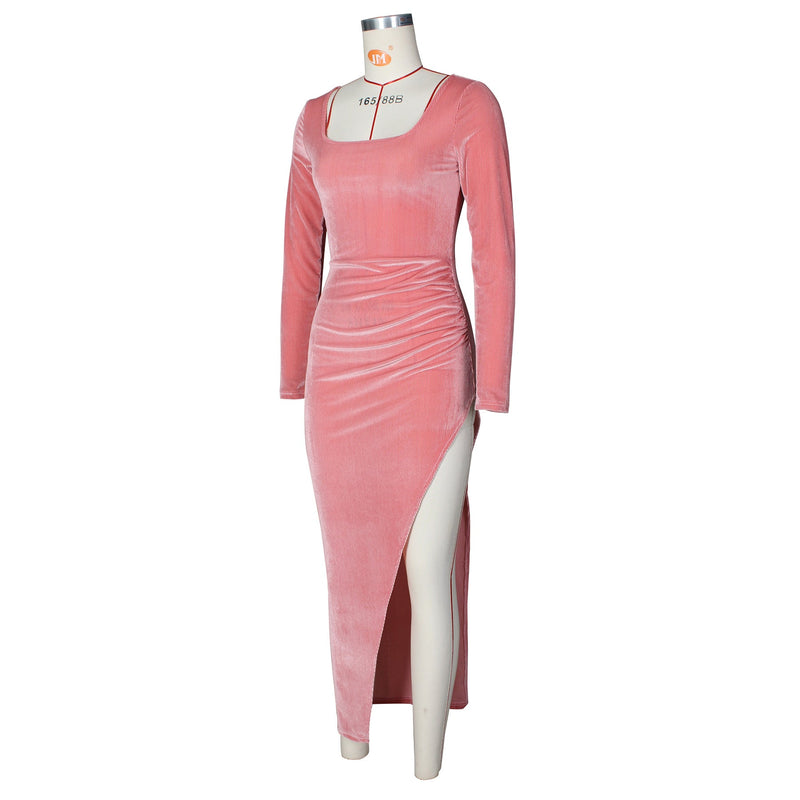 Velvet High Waist Slit Maxi Dress Long Sleeve Evening Party Dress
