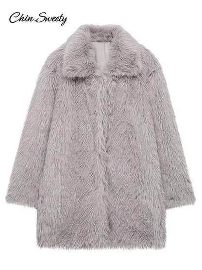 Fluffy Faux Fur Coat Lapel Long Sleeve Thick Warm Loose Jackets Winter High Street Outerwear