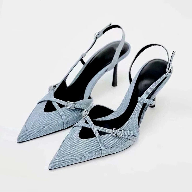 Blue Denim Fabric Slingbacks for Woman Cross Thin Buckle Strap Upper Stiletto Sandals Point Toe Thin Kitten Heel Pump