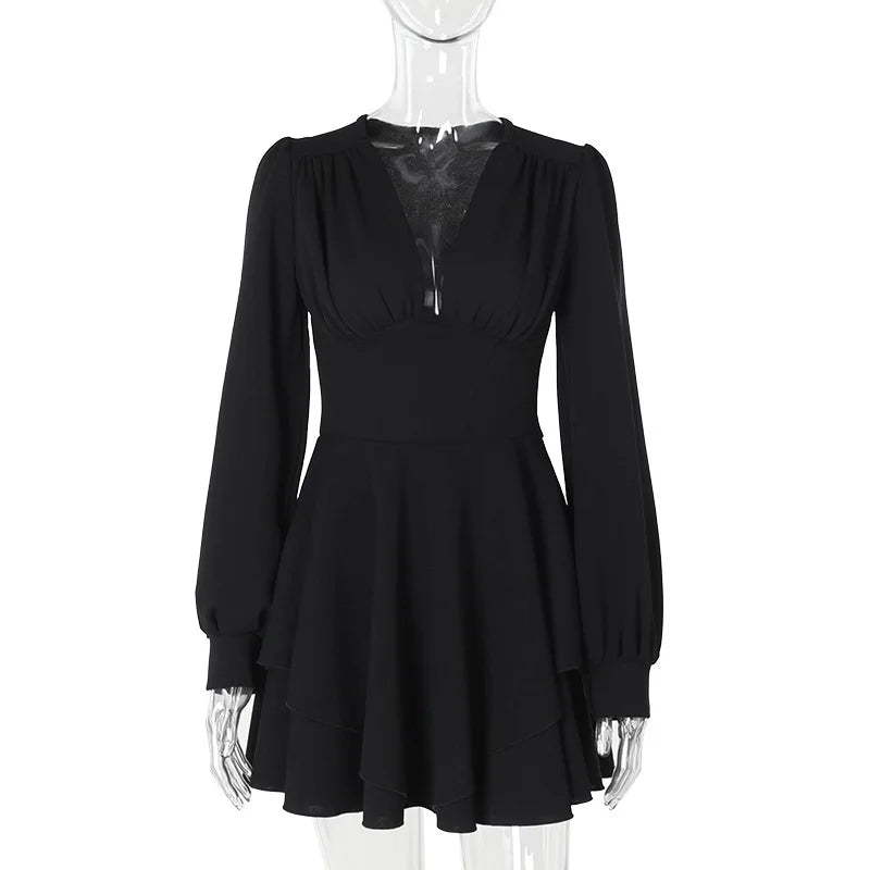 Low Cut Long Sleeve Pleated Mini Dress Wrap Waist Slim Party Vestido Spring Fall Harajuku Y2k Clothes