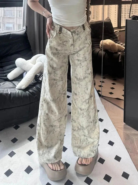 Tie Dye Jeans Y2k High Waist Baggy Denim Pants American Retro Wide Leg Trousers New