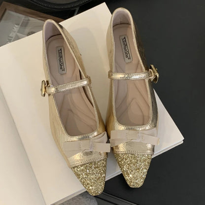 Bling Butterflyknot Mary Jane Shoes Flat Shoes Shallow Comfort Increased Internal Brand Dress Shoes