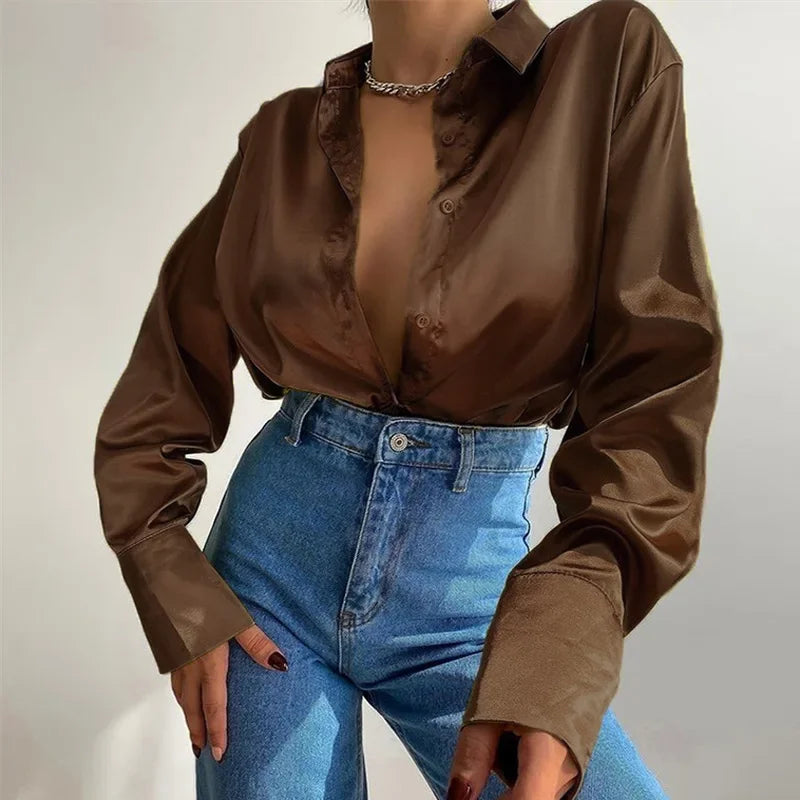 Button Up Satin Long Sleeve White Blouse