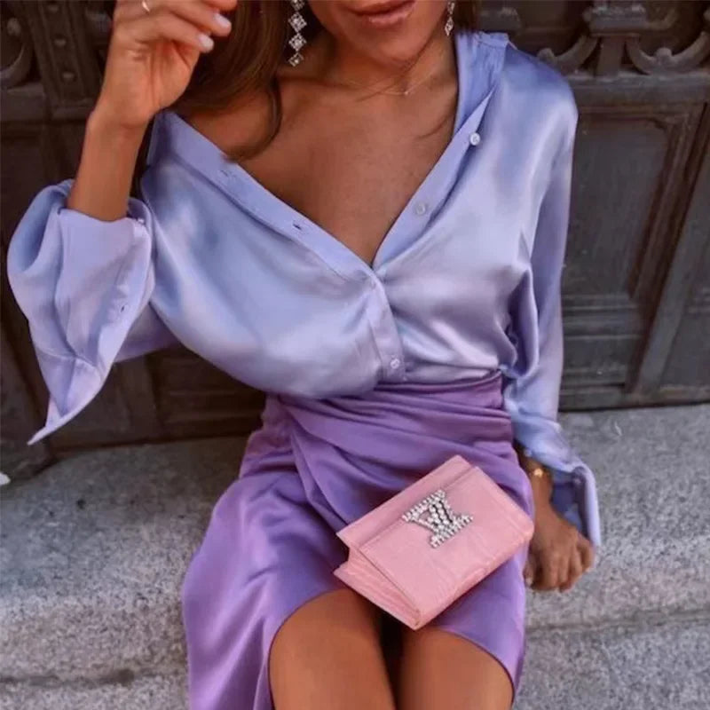 Button Up Satin Long Sleeve White Blouse